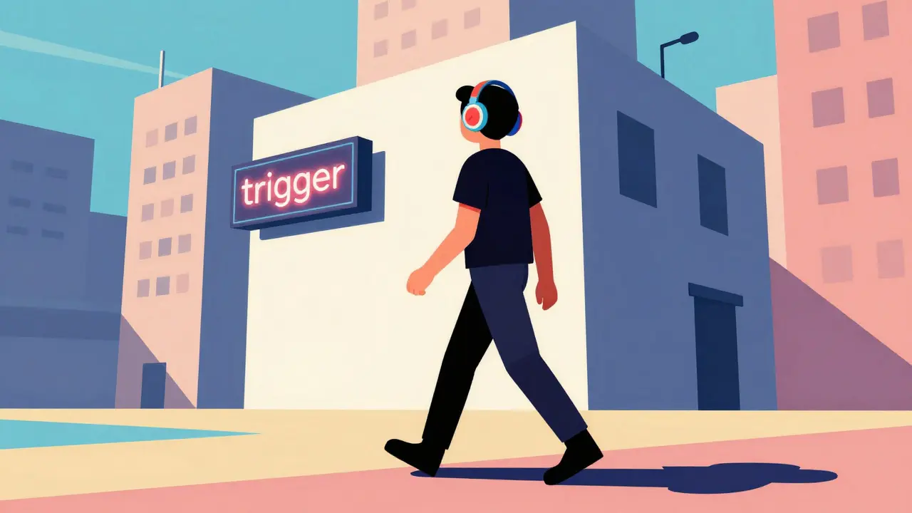 Kreslený člověk v sluchátkách sebevědomě odchází od vyvolávače touhy.