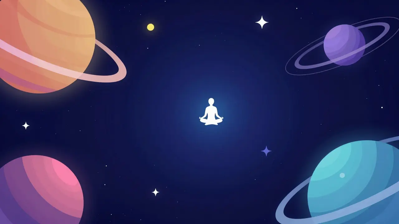 Minimalistický obraz člověka v prostoru vesmíru pro získání kosmické perspektivy.