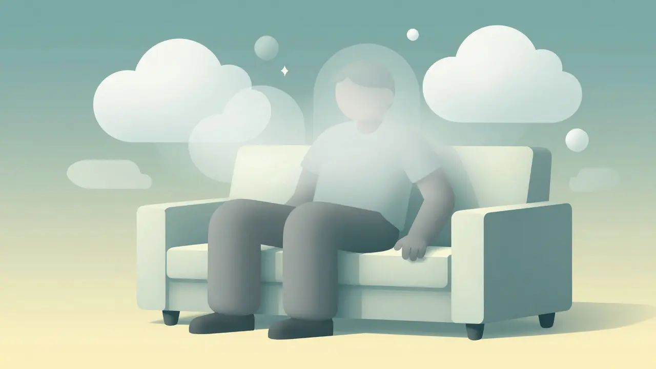 Osoba na gauči s pocitem těžkých končetin a kognitivní mlhy.