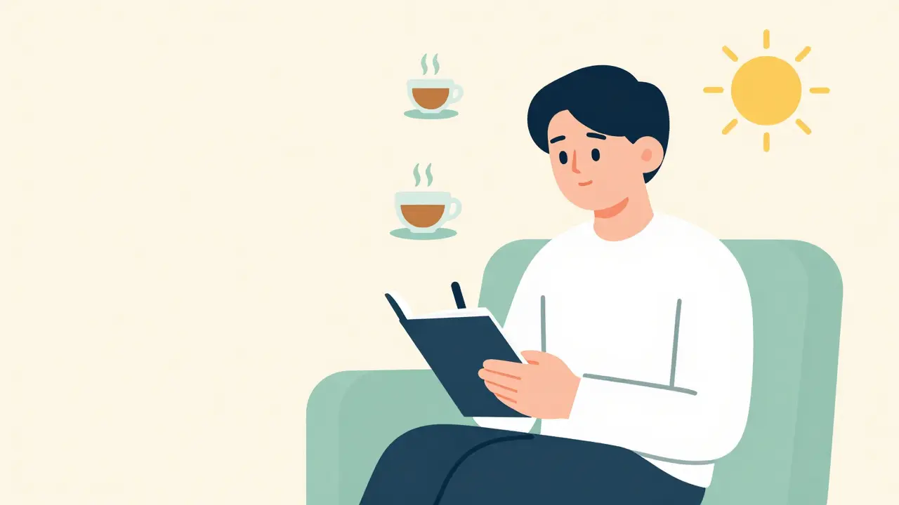 Osoba píšící si do deníku vděčnosti obklopená symboly malých radostí.