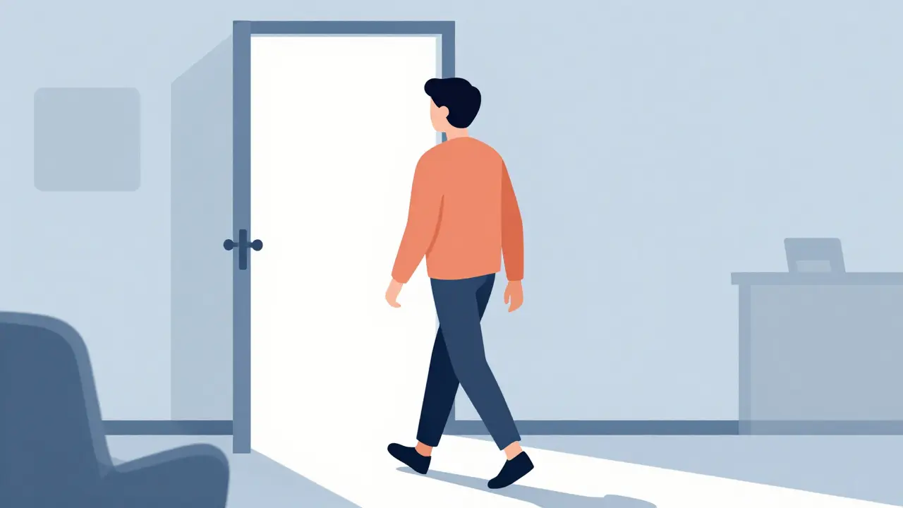 Osoba sebevědomě odcházení z toxické terapie směrem k osvobození a péči o sebe.