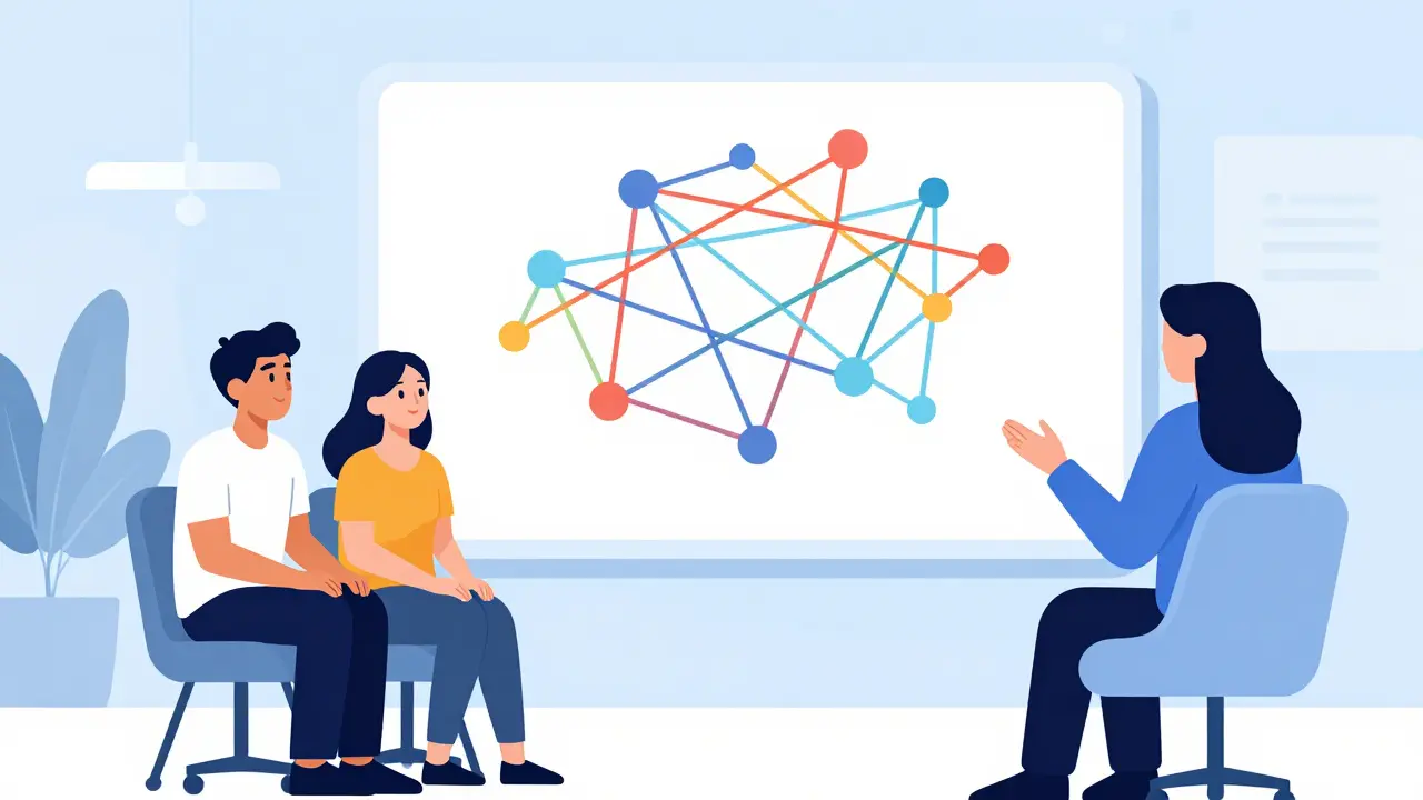 Pár s terapeutem společně analyzují barevnou kognitivní mapu svých vztahových vzorců.