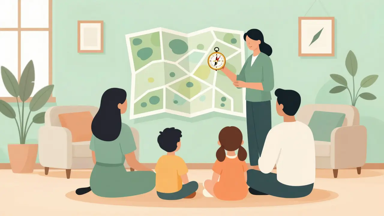 Rodina s terapeutem studující mapu a kompas jako symbol cesty z chaosu.