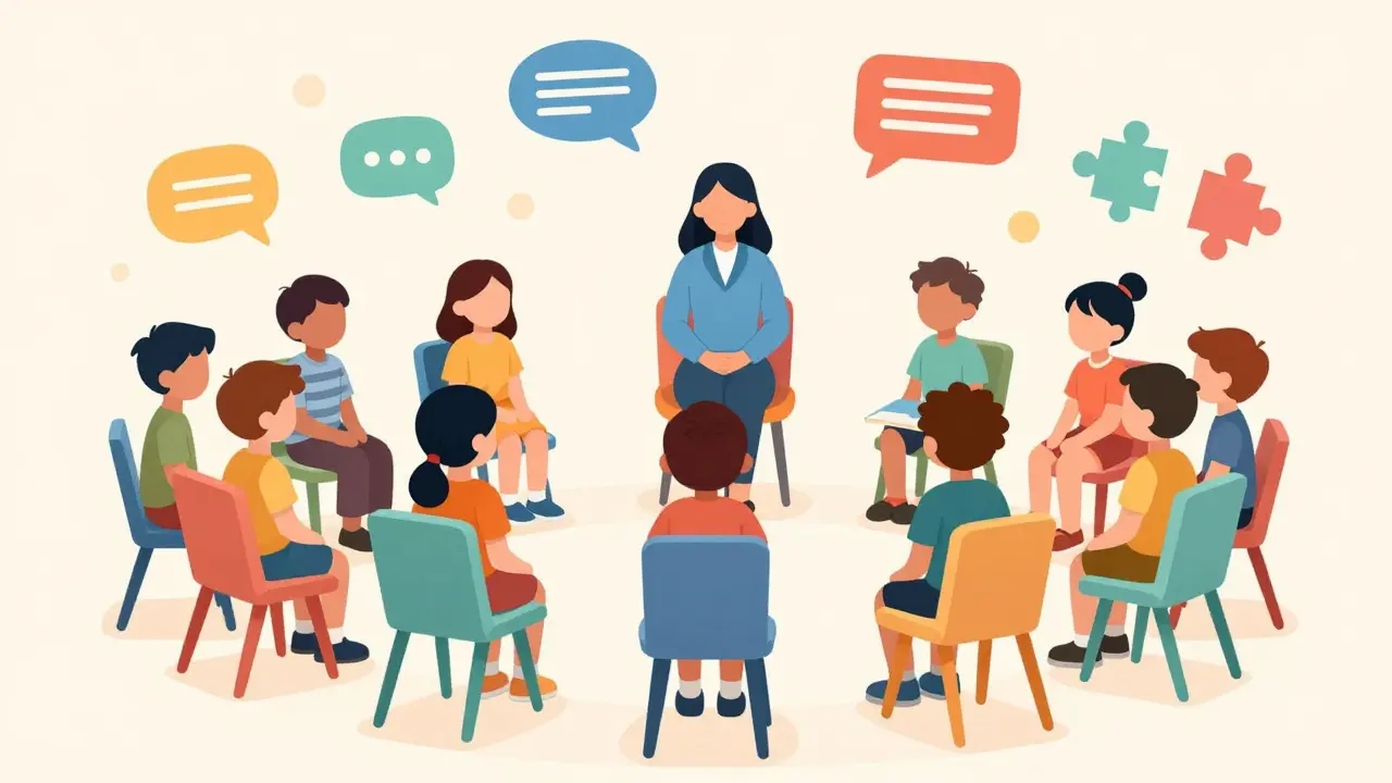 Skupina dětí a terapeut v minimalistickém kruhu během tréninku sociálních dovedností.