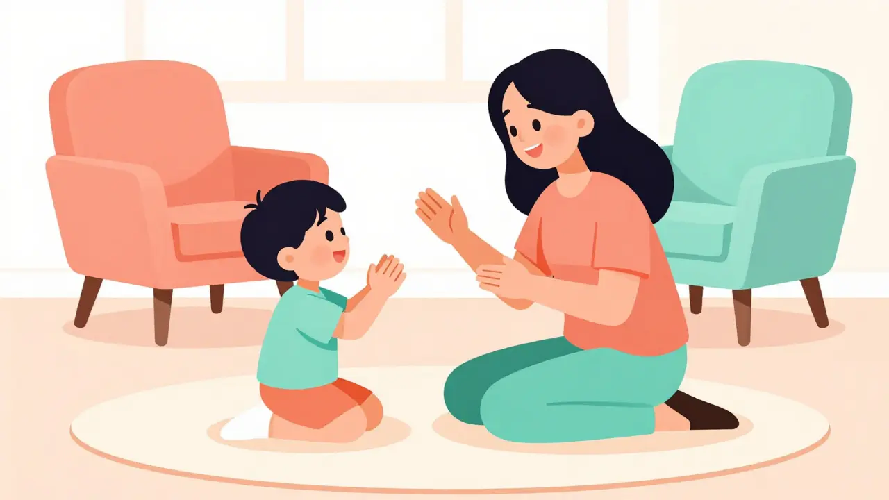 Stylizovaná ilustrace rodiče a dítěte při společné hře.