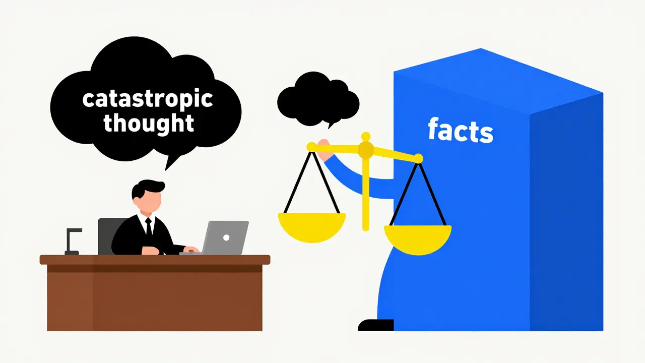 Stylizovaná ilustrace soudního procesu, kde fakta vítězí nad úzkostnou myšlenkou.