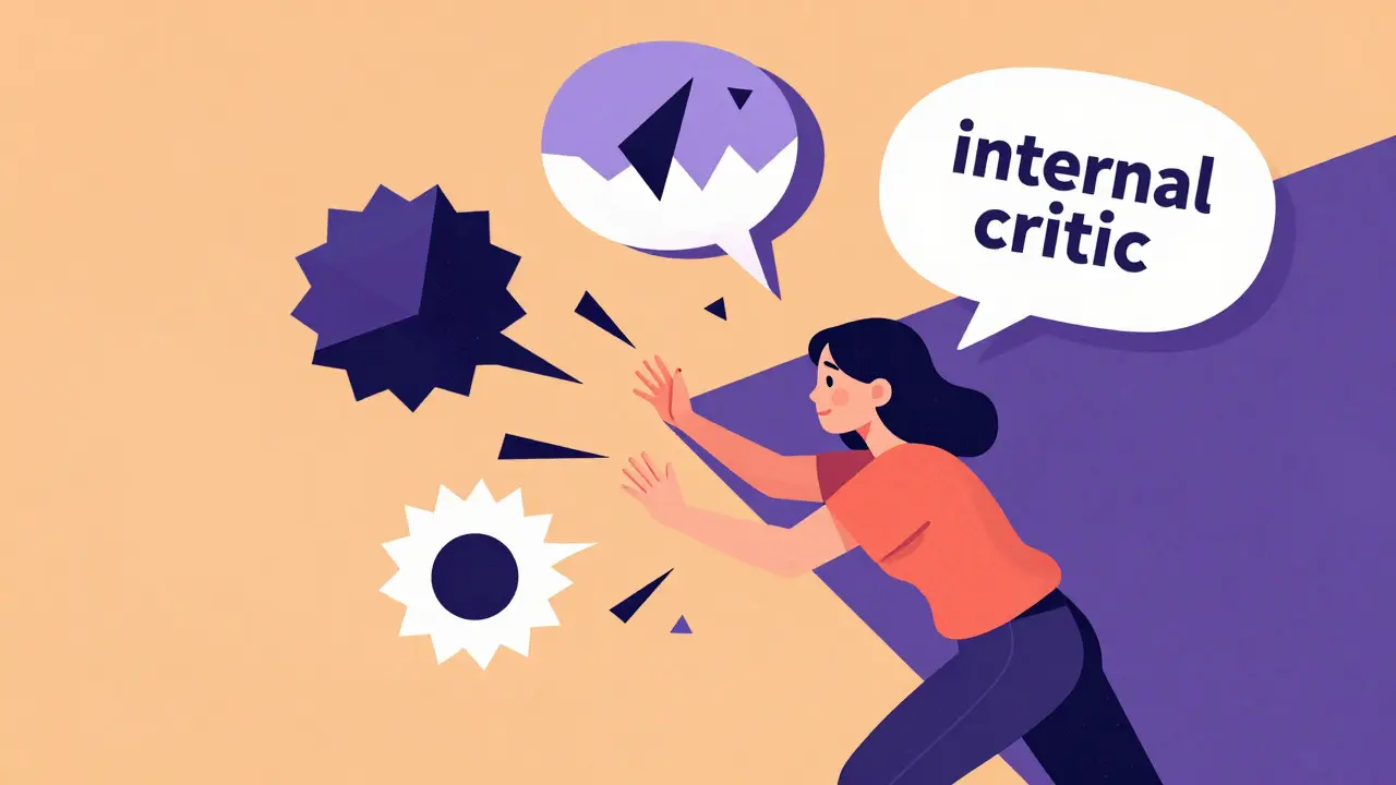 Stylizovaná žena obklopená ostrými tvary představujícími vnitřního kritika.