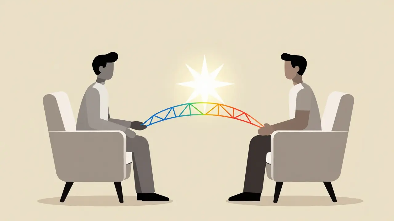 Stylizovaná znázornění chemie a porozumění mezi klientem a terapeutem.