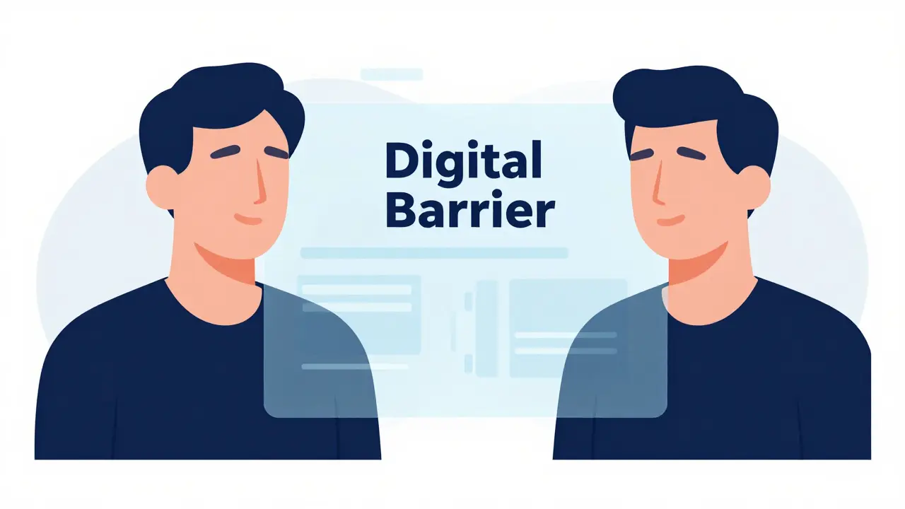 Stylizované zobrazení videohovoru mezi klientem a terapeutem přes digitální obrazovku.