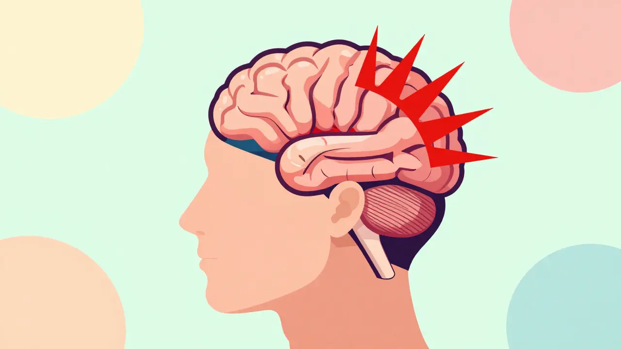 Stylizovaný profil hlavy s červeně zvýrazněnou amygdalou symbolizující hyperaktivitu mozku.