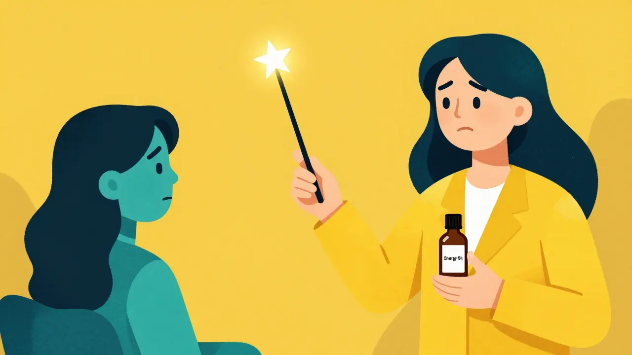 Stylizovaný šarlatánský terapeut nabízející zázračné léky v moderním abstraktním stylu.