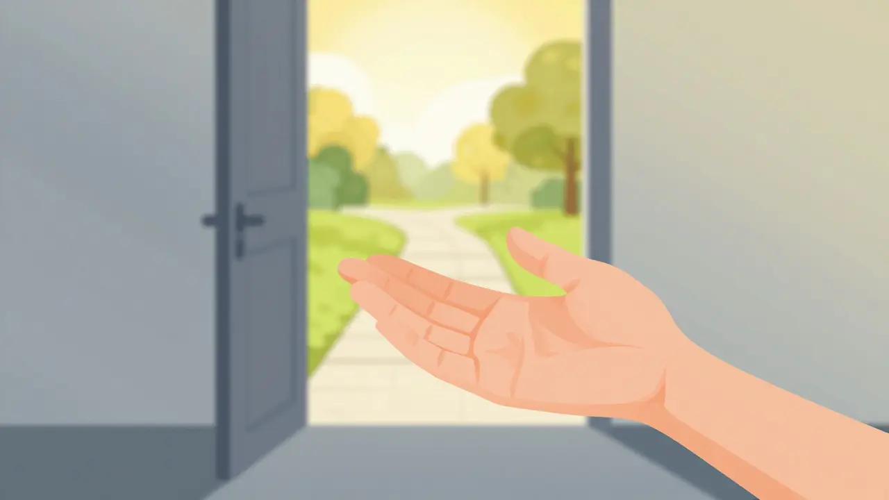 Symbolické zobrazení pomocné ruky a otevřených dveří vedoucích k jasné, slunné budoucnosti.