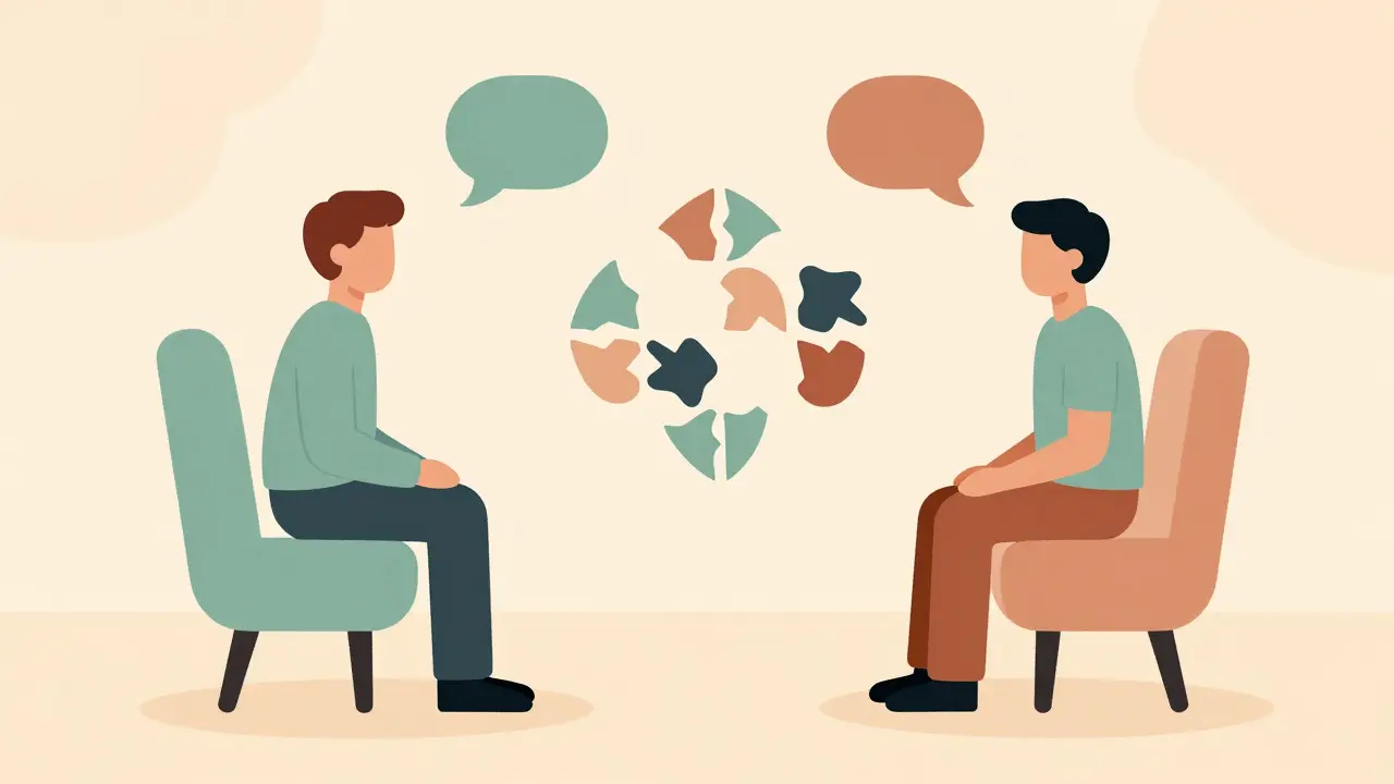 Terapeut a pacient v minimalistickém prostředí, symbolizující proces uzdravení.