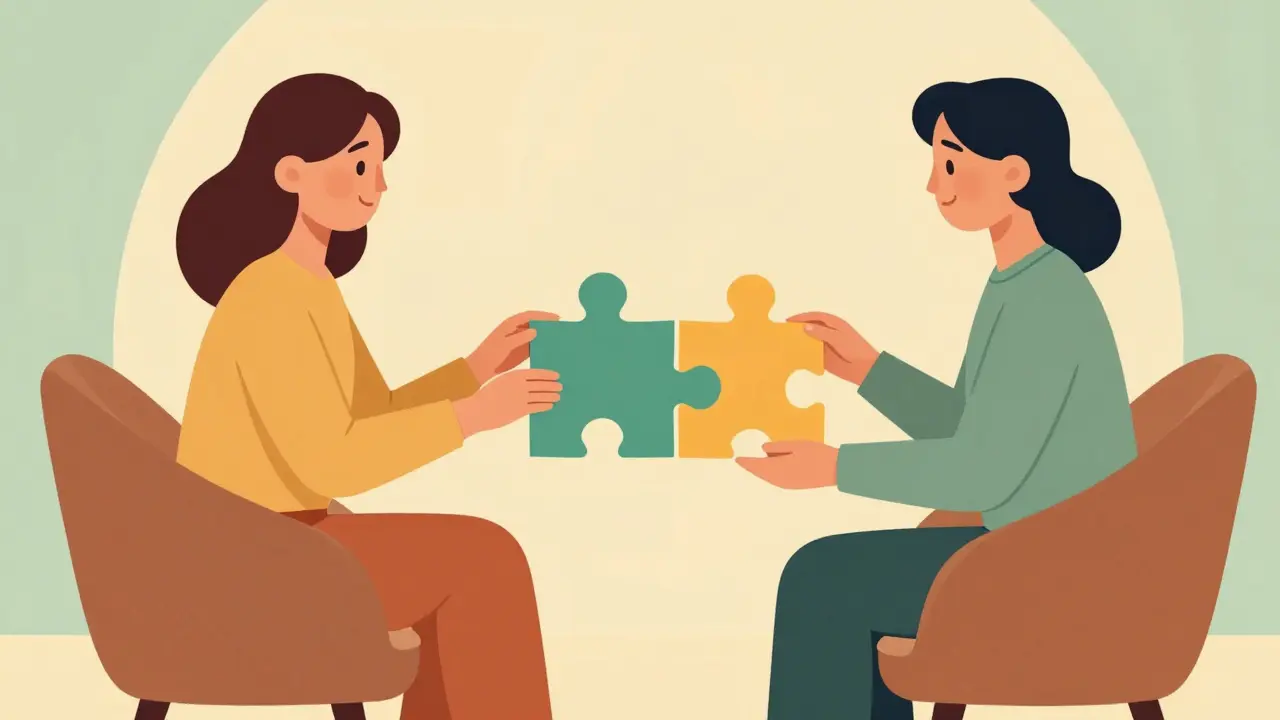 Therapeutická scéna s pacientkou a terapeutem skládajícími puzzle sebevědomí.