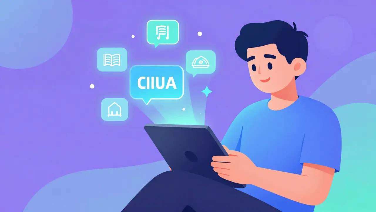 Budoucnost komunikace s AI: predikční ikony kolem uživatele tabletu