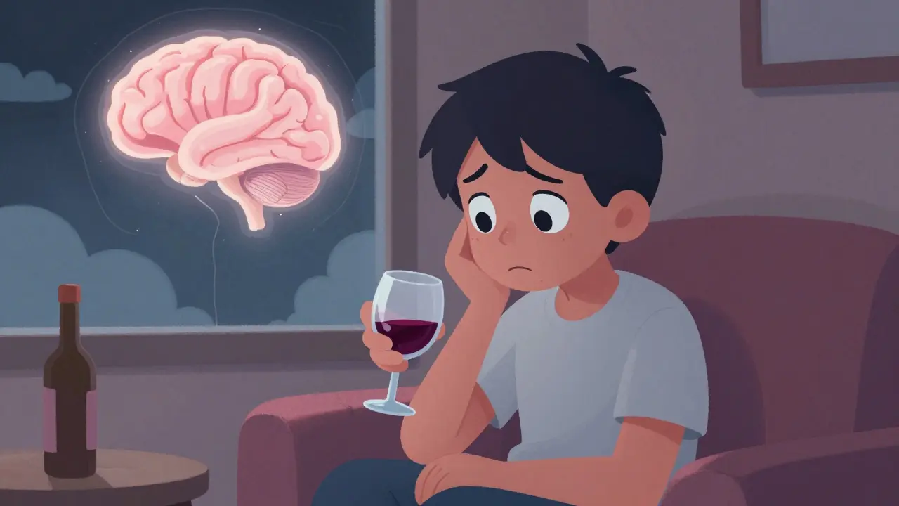Dospívající s alkoholem a křehkým mozkem v karikatuře.
