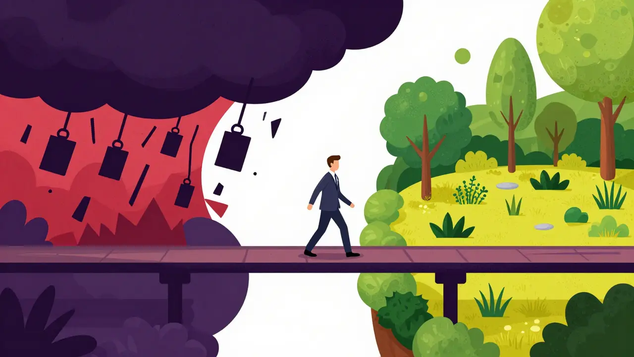 Ilustrace mostu mezi osobní krizí a návratem do práce s pomocí odborníka.