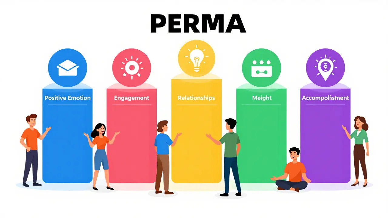 Pět pilířů modelu PERMA s lidmi kolem nich