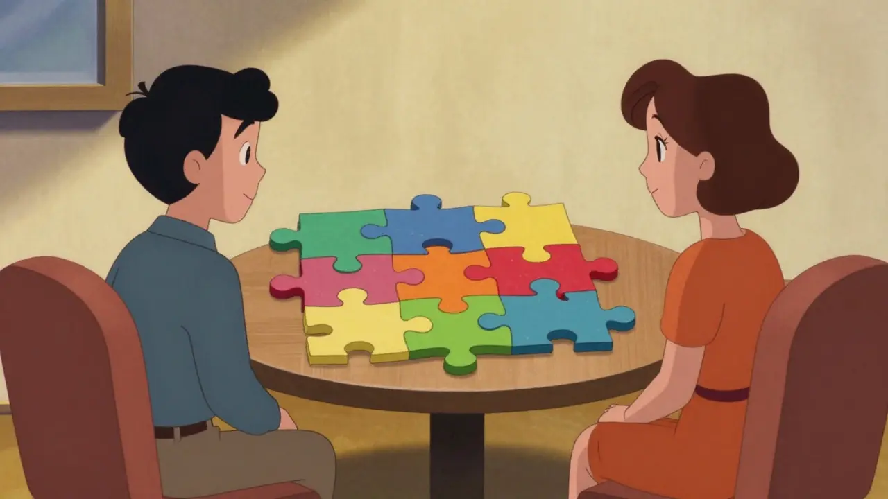 Terapeut a klient skládají puzzle komorbidit v stylu UPA