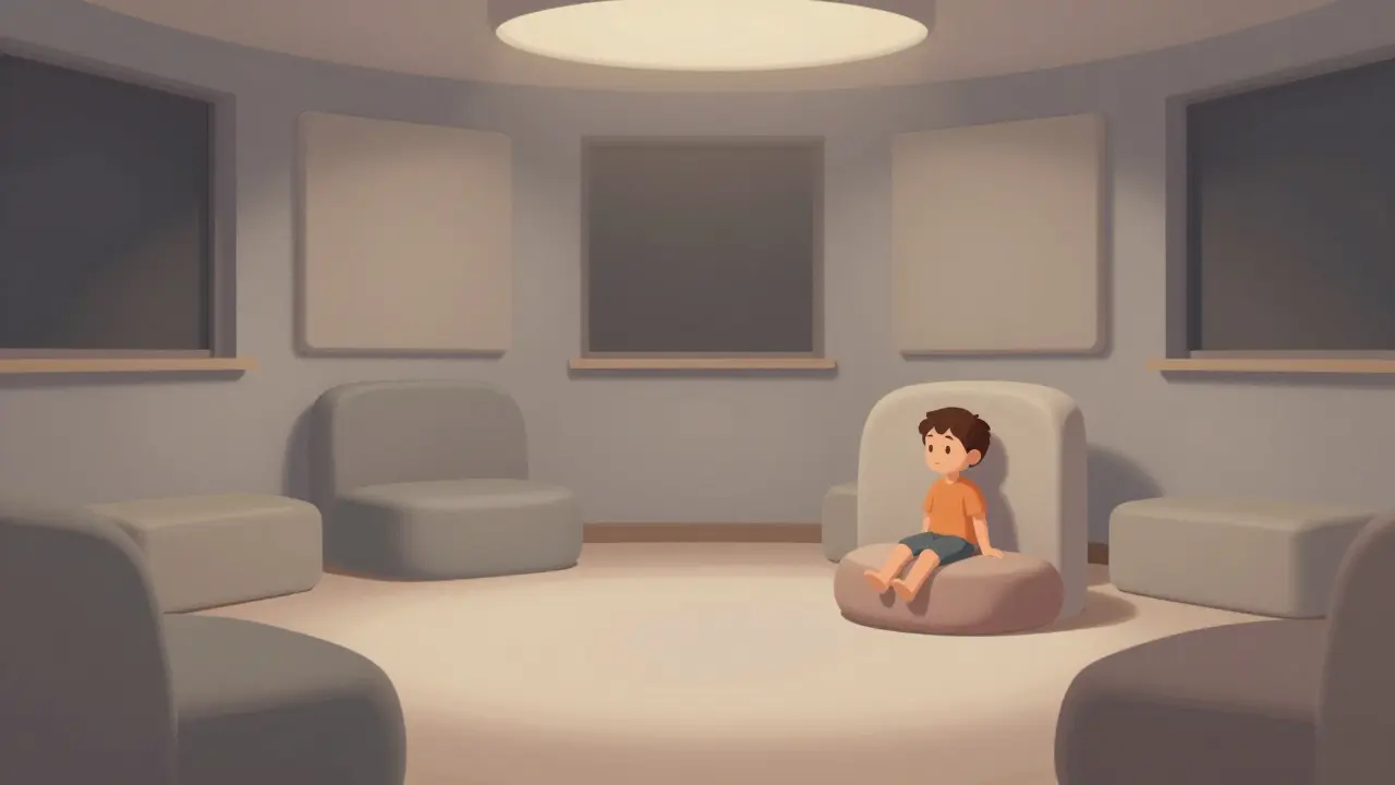 Klidná senzorická zóna s měkkým osvětlením a klidným dítětem