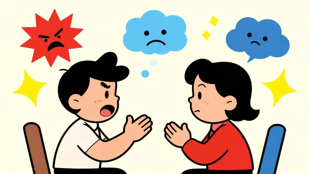 Kresba terapie s abstraktními tvary představujícími emoce a myšlenky