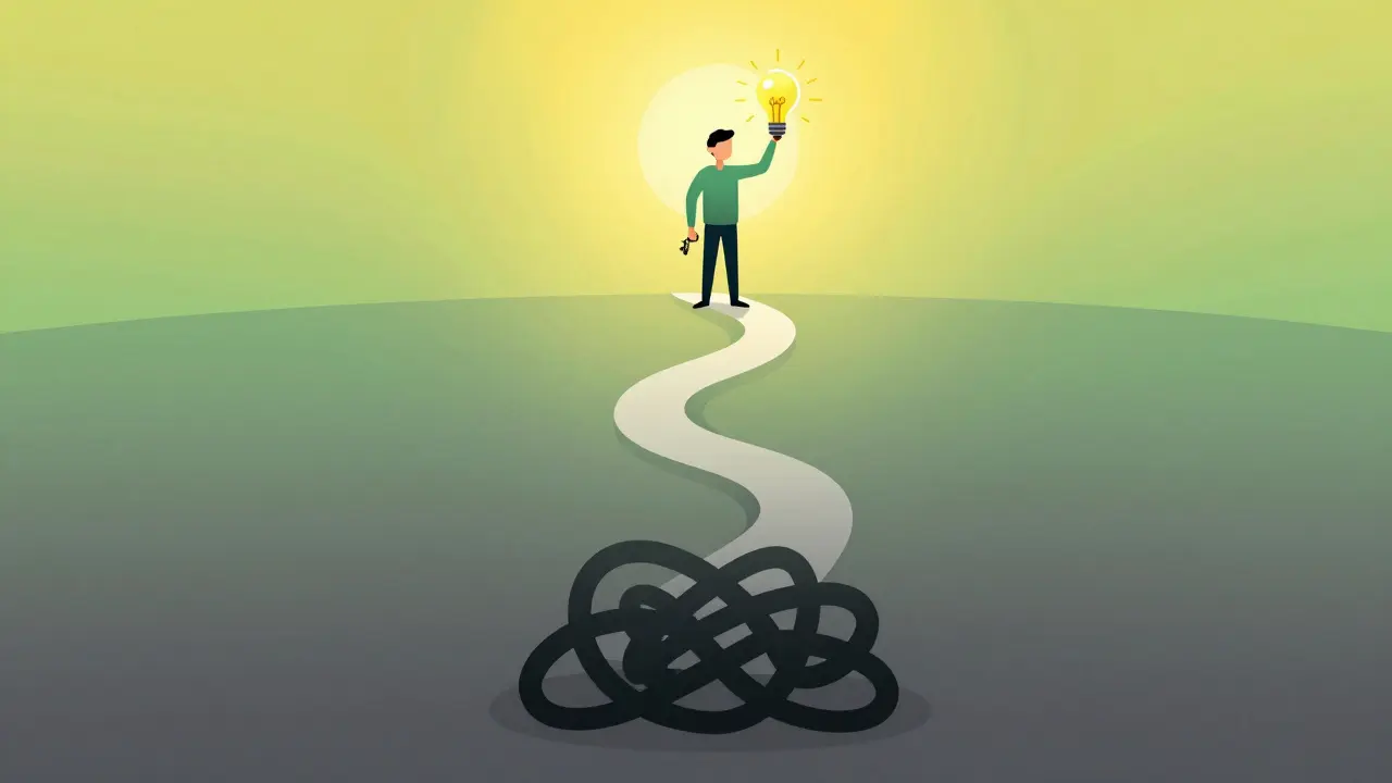 Stylizovaná postava na cestě růstu symbolizující úspěch terapie