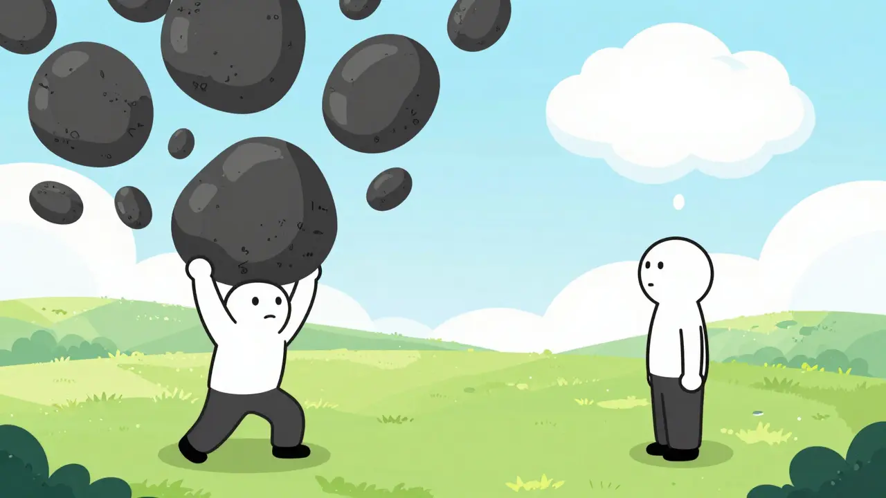 Ilustrace UPA stylu: mindfulness vs KBT, myšlenky jako mraky odplouvají