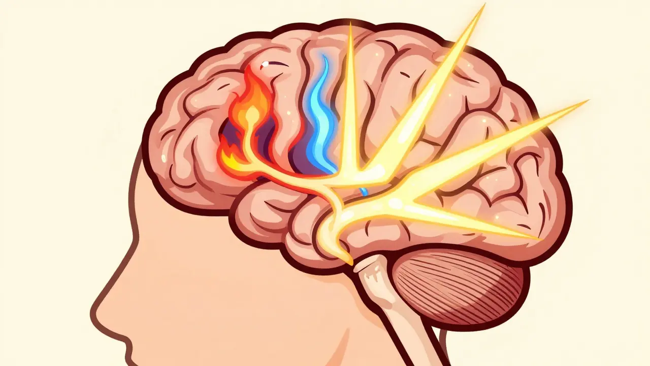 Kresba UPA stylu: mozek při mindfulness, amygdala chladne, kůra září