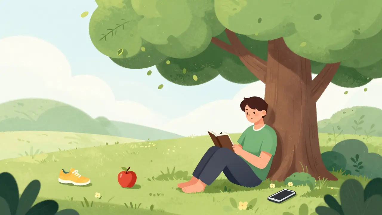 Pokojná ilustrace osoby medituující v přírodě s symboly zdravých návyků a péče o sebe.