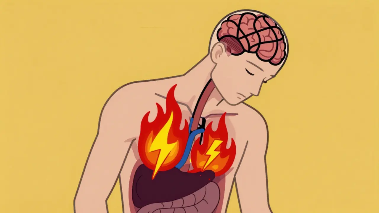 Abstraktní zobrazení biologických dopadů izolace na tělo s plameny zánětu