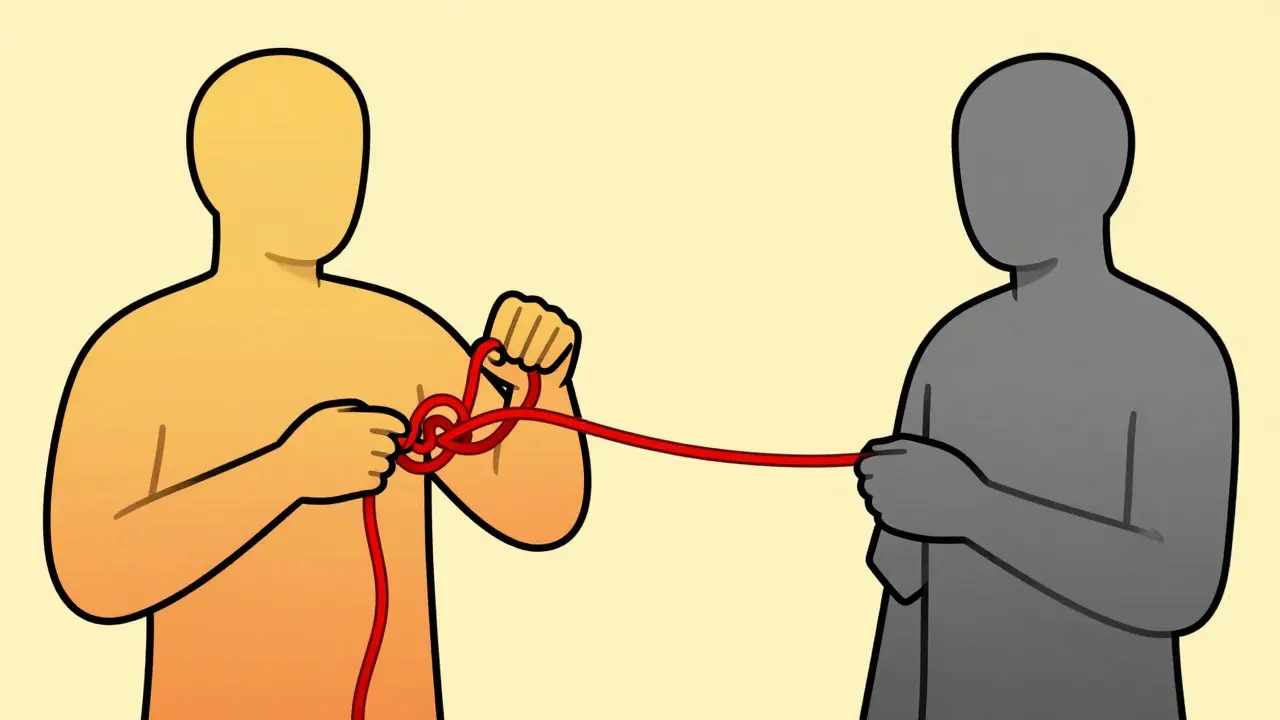 Konceptuální ilustrace: jedna osoba rozplétá uzel ve vztahu, což automaticky uklidňuje druhou stranu.