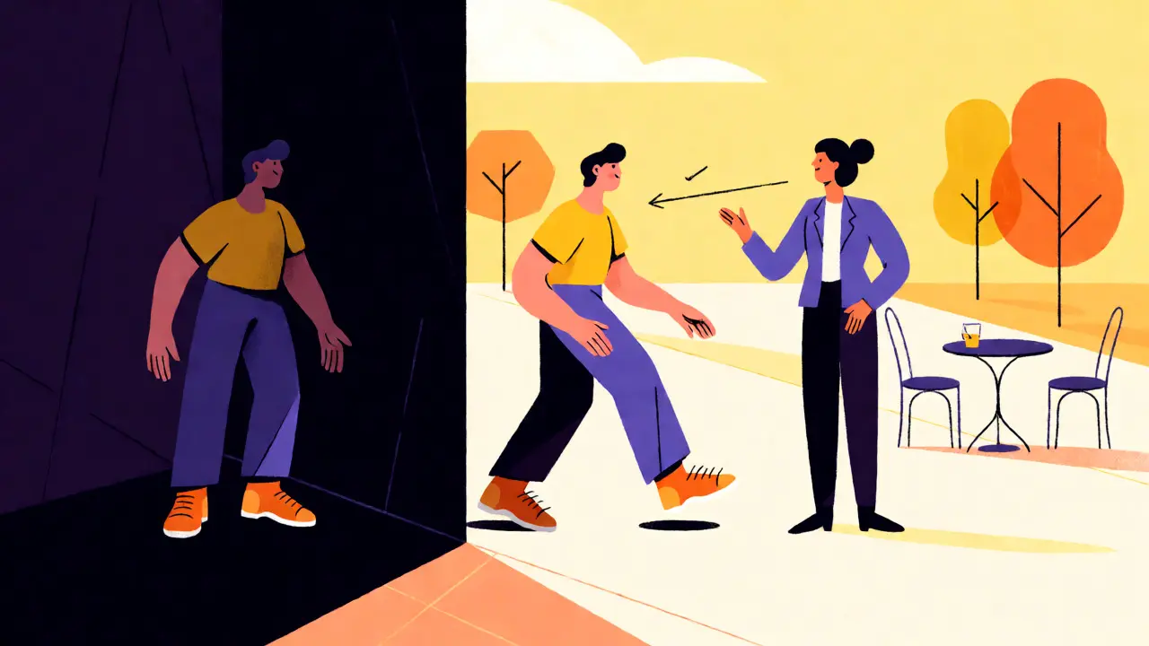 Konceptuální ilustrace přechodu z izolace k aktivitě během terapie ve stylu UPA.