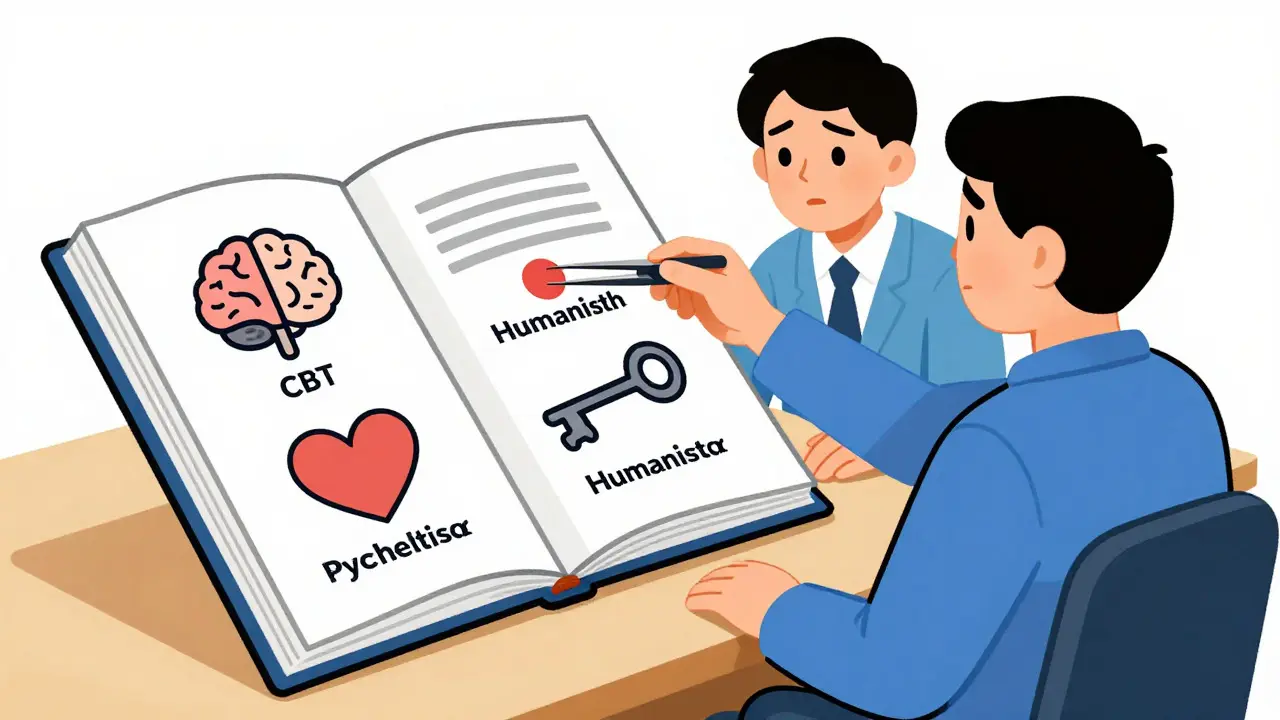 Terapeut vybírá techniku z menu v ilustraci ve stylu UPA