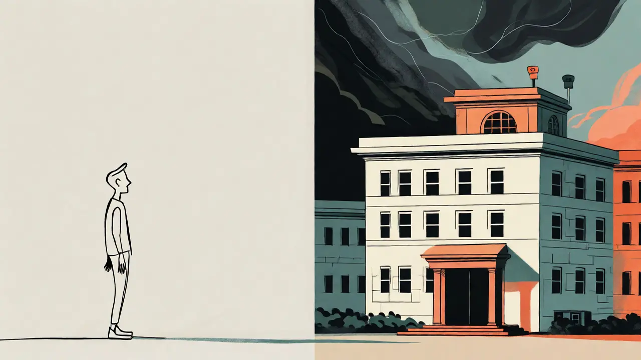 Grafická ilustrace porovnávající izolaci pacienta s bezpečným útočištěm psychiatrické nemocnice ve stylu UPA.