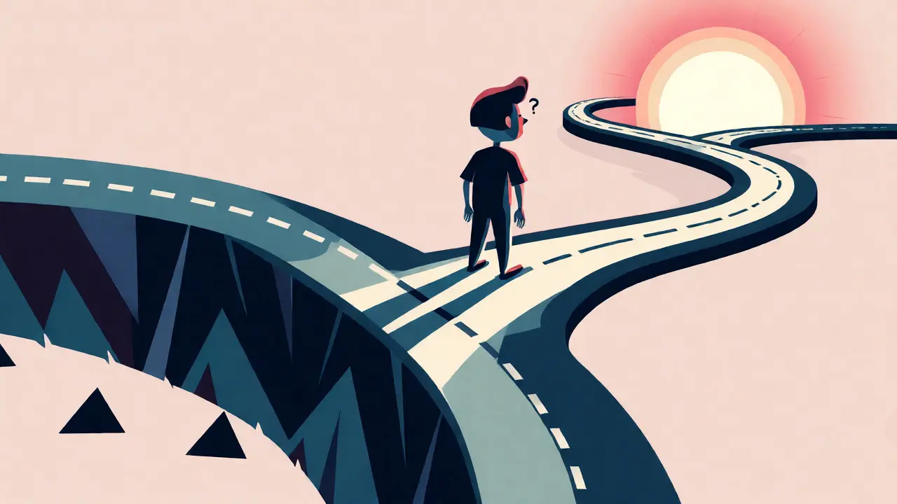 Ilustrace rozcestí mezi laps a relapsem v retro kresleném stylu.