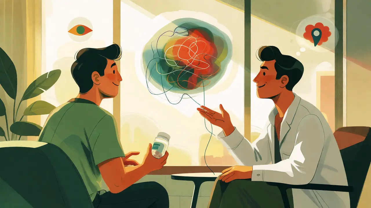 Ilustrace setkání pacienta a terapeuta, který pomáhá zpracovat traumata za podpory medikace.