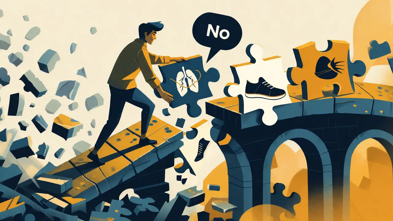 Ilustrace ve stylu UPA znázorňující rekonstrukci návyků pomocí nástrojů KBT.