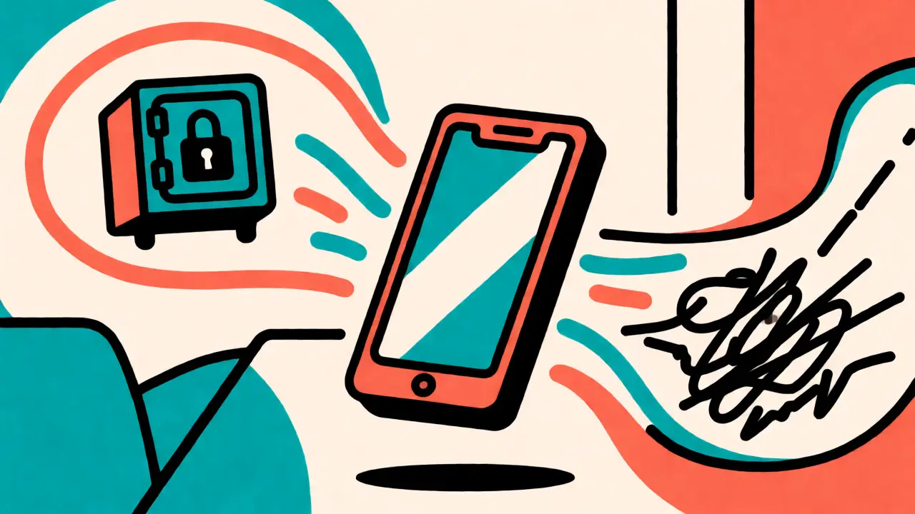 Kreslená scéna porovnávající zabezpečenou a nebezpečnou digitální komunikaci v terapii.
