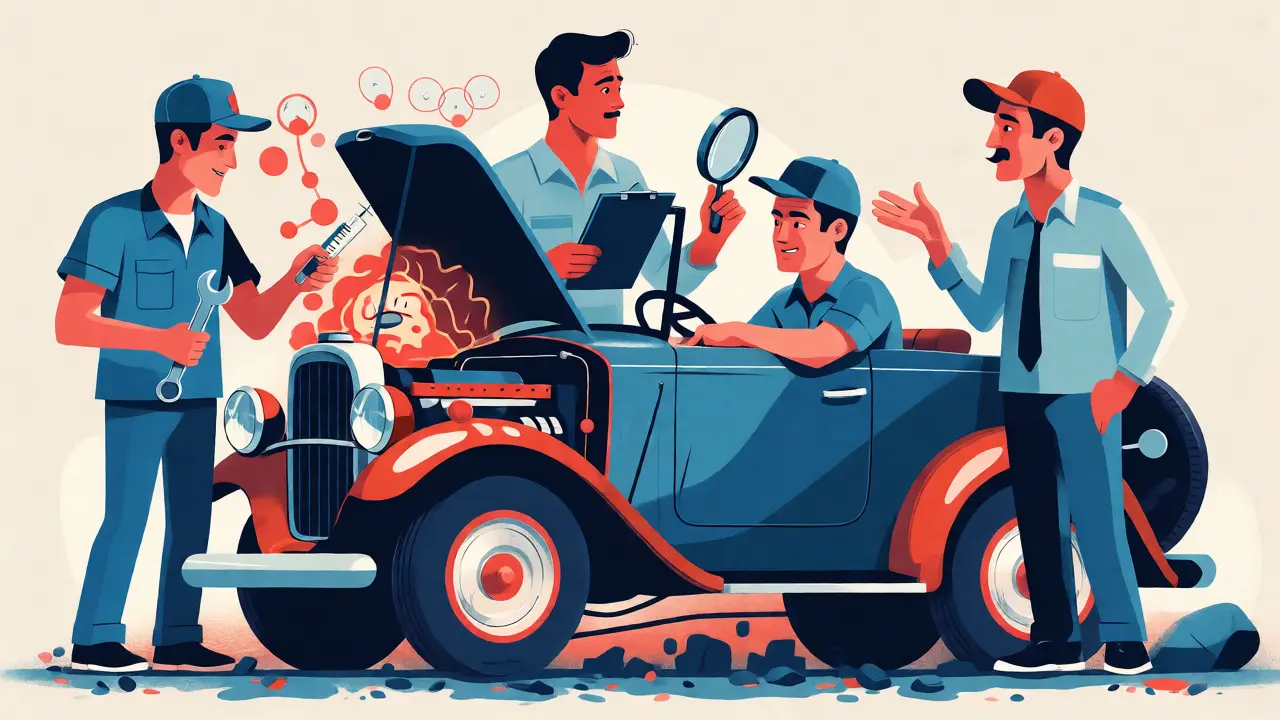 Metafora mozku jako auta s mechanikem, diagnostikem a instruktorem jízdy.