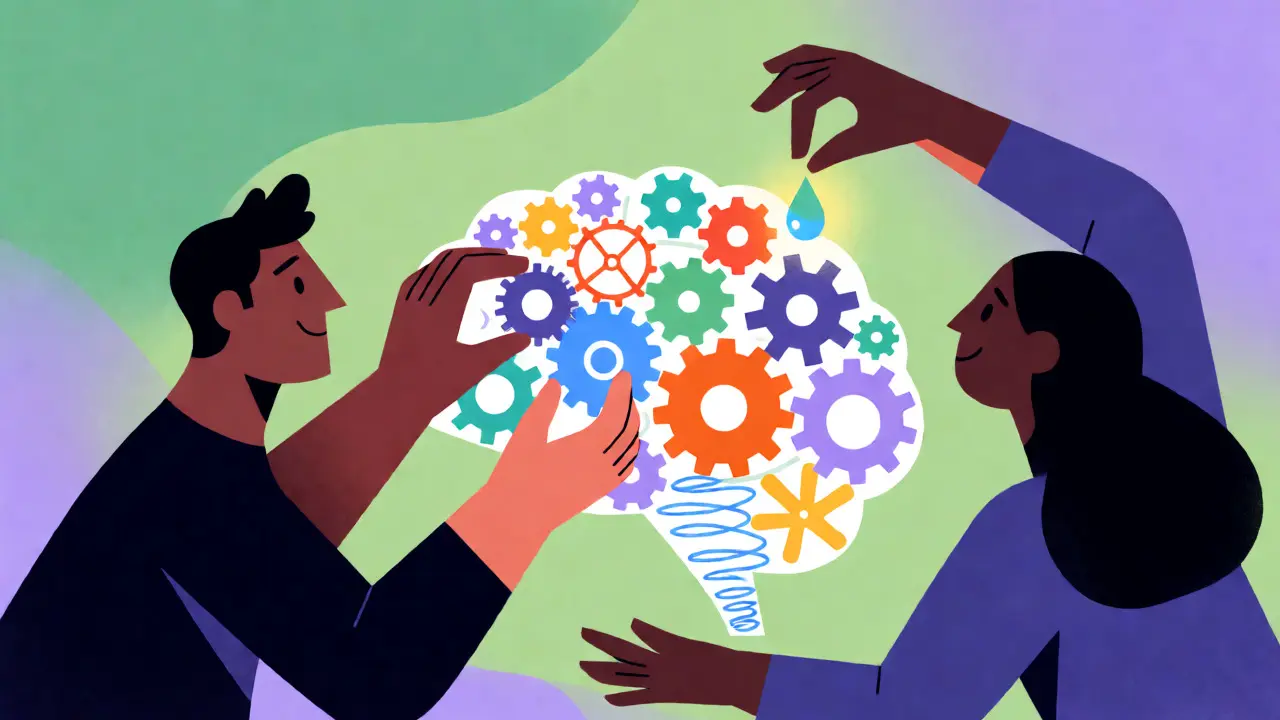 Stylizovaná ilustrace mozku jako mechanismu, kde ruce upravují ozubená kola a přidávají kapky léků.