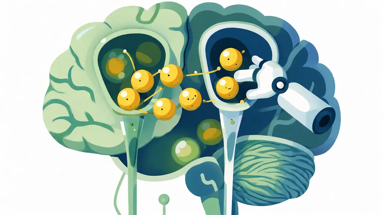 Stylizovaný mozek ukazuje mechanismus SSRI a serotoninu v plochém designu.