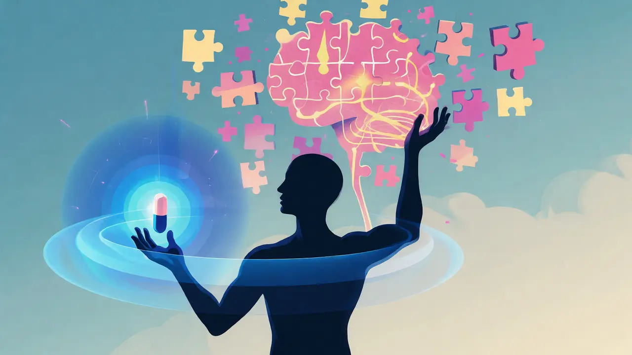 Abstraktní postava držící kapsli a skládající mentální puzzle