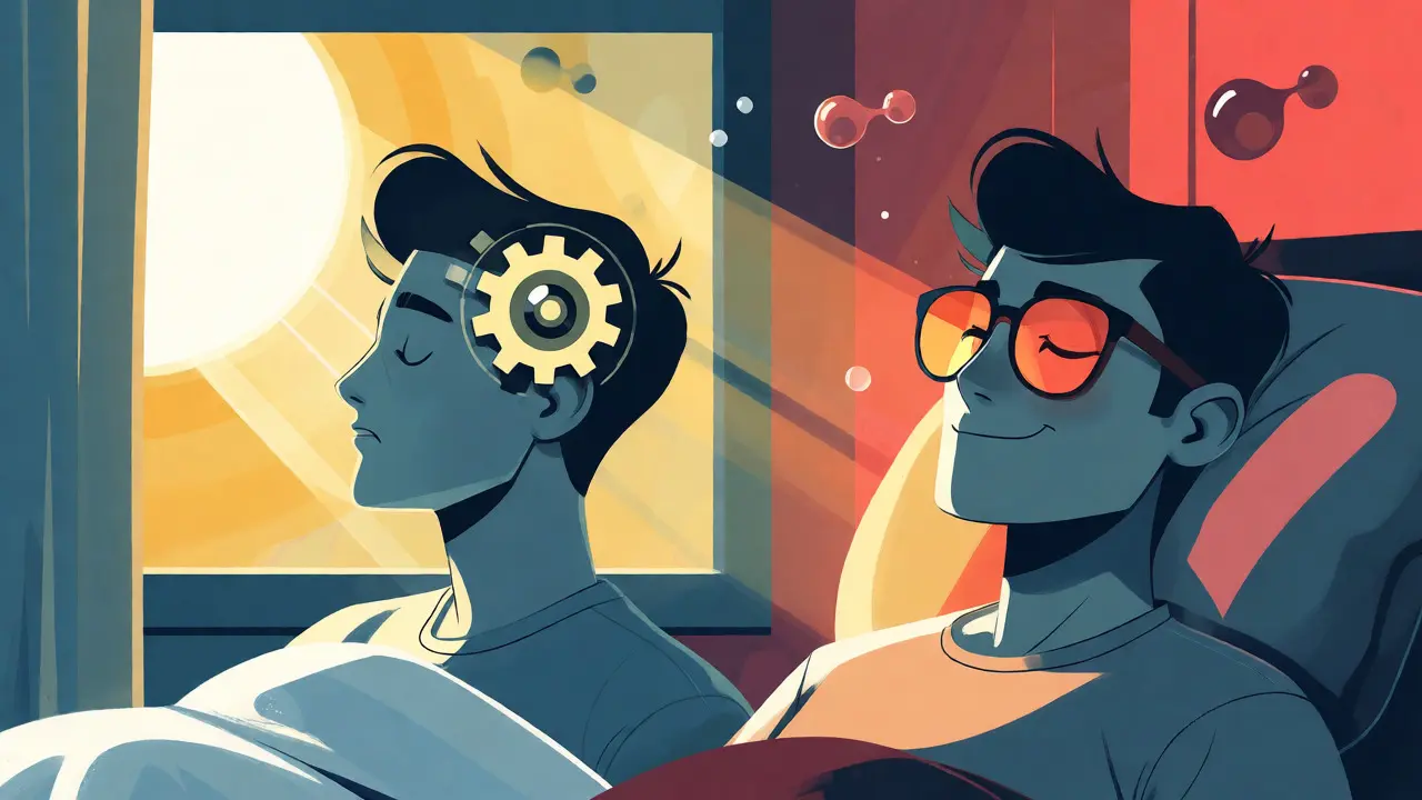 Ilustrace cirkadiánního rytmu: ranní světlo a večerní tlumené osvětlení.