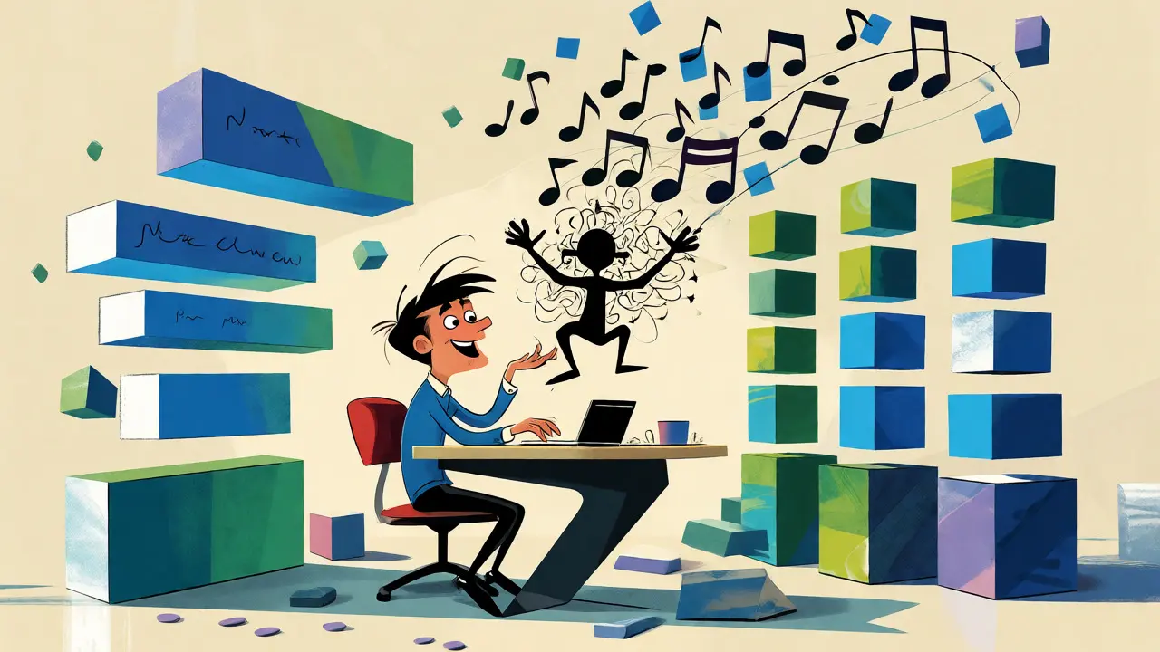 Ilustrace terapie ADHD, kde postava organizuje úkoly jako barevné bloky, symbolizující rozdělení cílů na malé kroky a kognitivní přehodnocení.