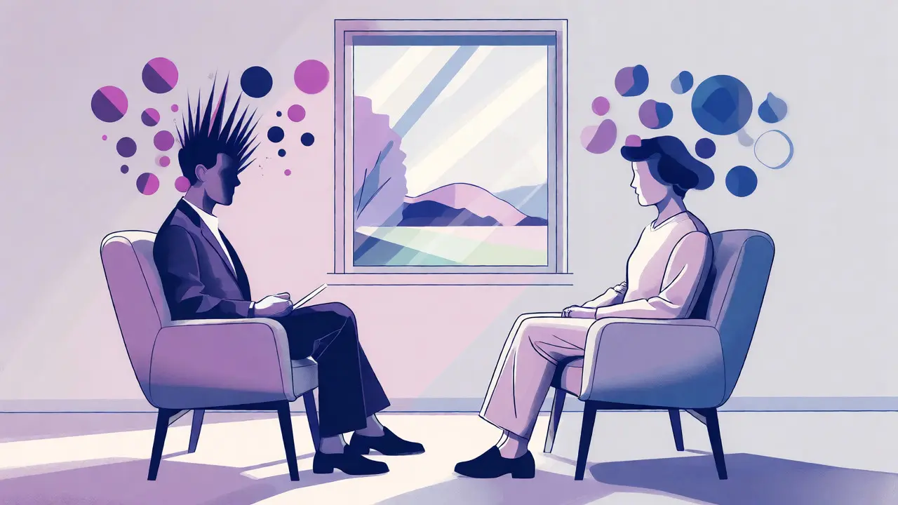 Ilustrace terapie s abstraktními tvary nad hlavami klienta a terapeuta