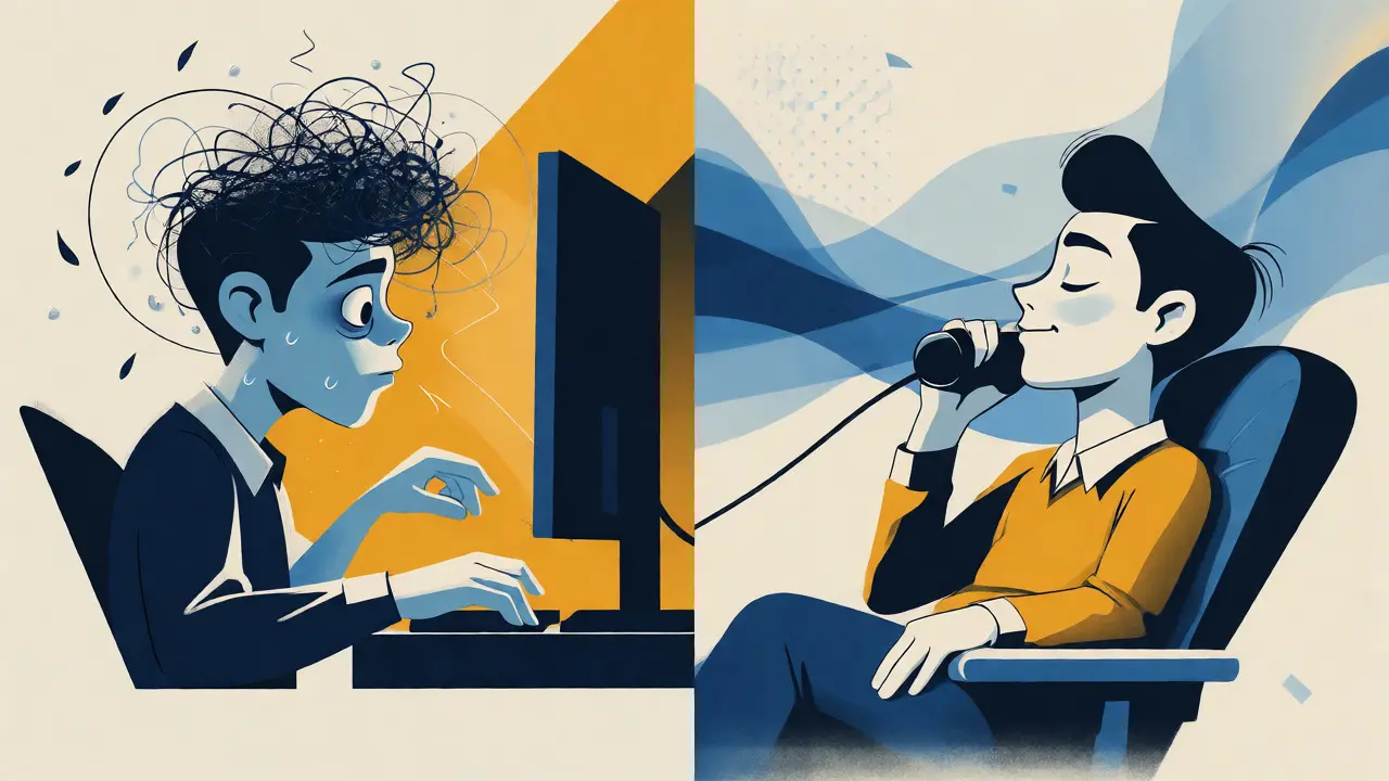 Konceptuální ilustrace porovnávající stres z videa a klid při telefonátu