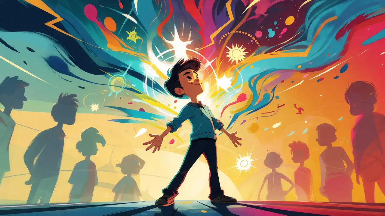 Optimistická ilustrace osoby s ADHD, která přijímá svou kreativitu a silné stránky, obklopená dynamickými abstraktními prvky úspěchu a sebeúcty.