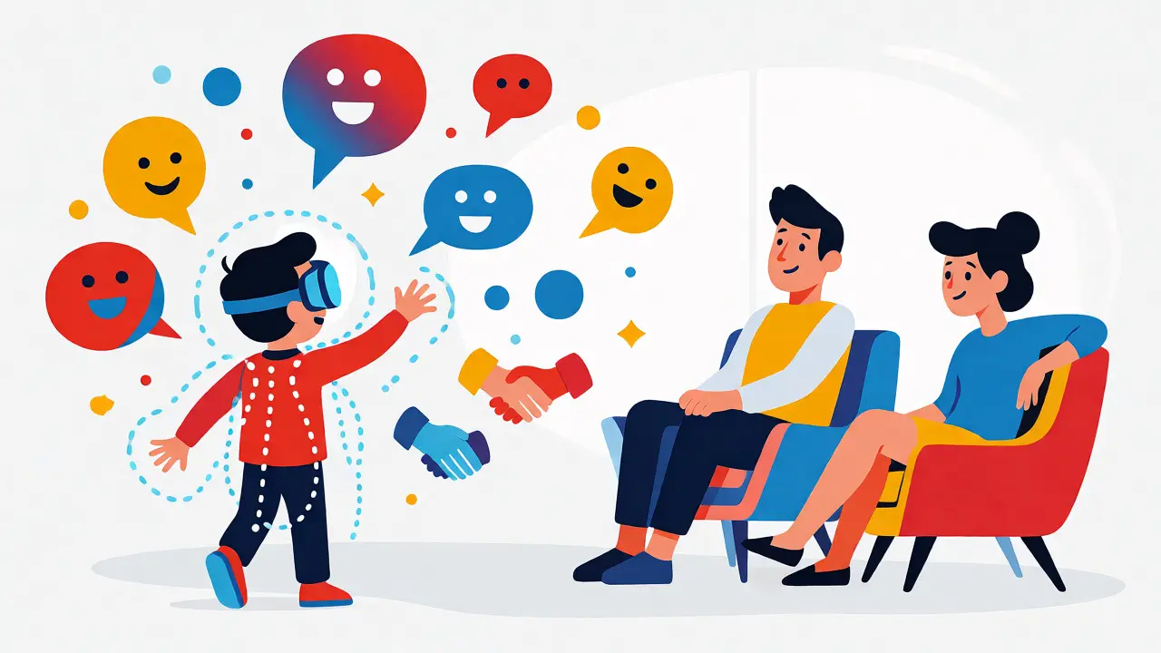 Rodina sleduje dítě používající hybridní VR systém pro terapii autismu