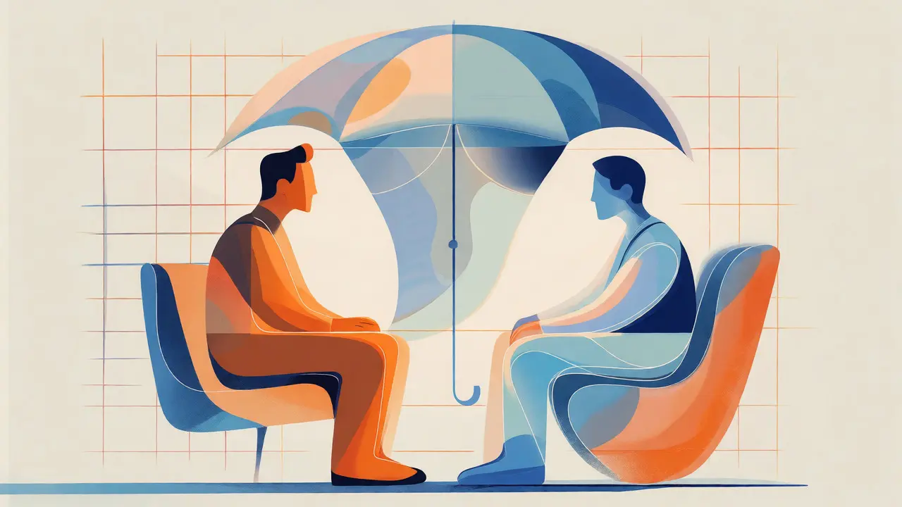 Stylizovaná ilustrace terapeuta a klienta pod ochranným štítem, představující bezpečný prostor terapie.