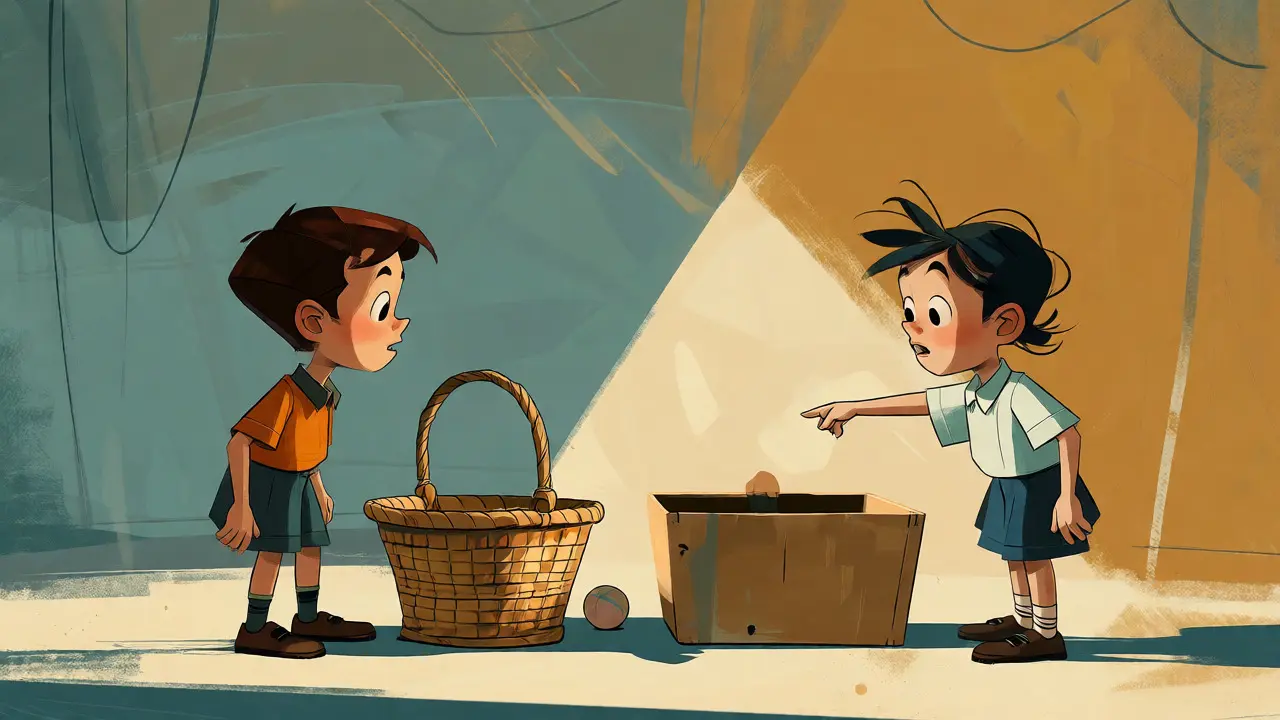 Stylizovaná scéna s dítětem a košíkem ilustrující Sally-Ann test